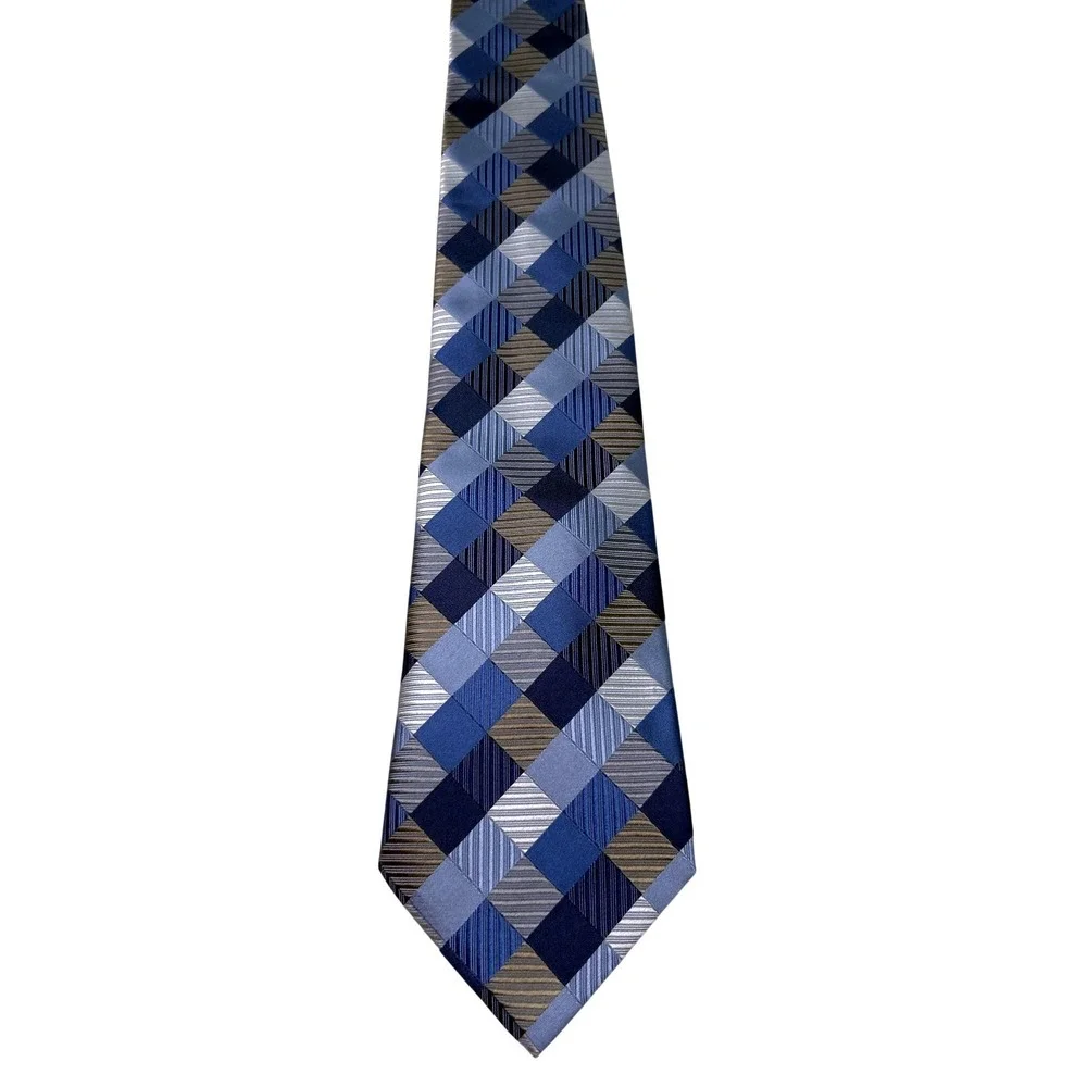 Geoffrey Beene Mens Geometric Patchwork Silk Classic Necktie OS Blue Navy Silver